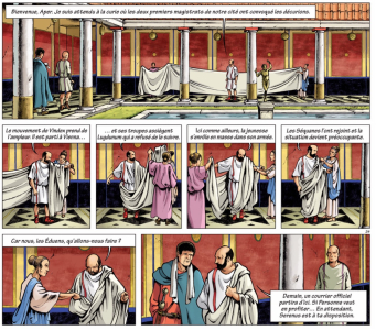 De la difficulté de revêtir correctement une toge (L’Année des quatre empereurs. Tome 1. Mai 68, p. 28) © S. Luccisano & C. Ansar - GALLIA VETVS 2019