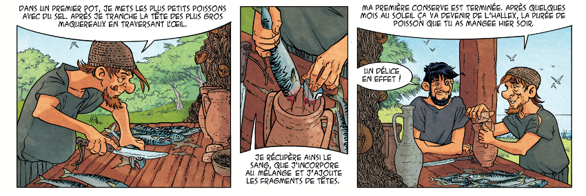 Fig. 11. – Intégration au scénario d’un détail technique sur la découpe du poisson (p. 19) ©100bulles/Sieurac/Djaoui