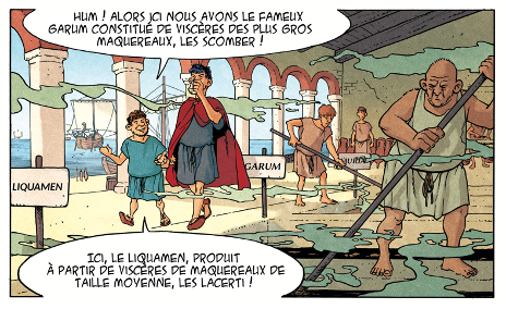 Fig. 4. – L’arrivée de Valerius Proculus dans le lieu de préparation des sauces de poisson (p. 3) ©100bulles/Sieurac/Djaoui